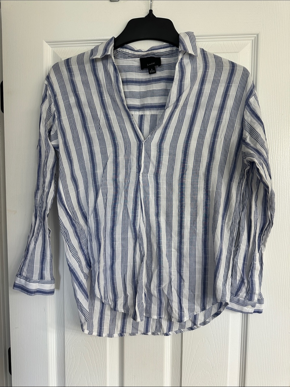 Lumiere White and Blue Striped V-Neck Buttonless Blouse